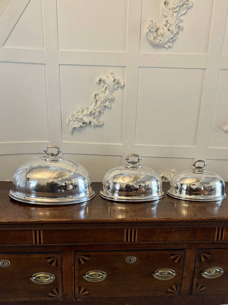 Antique Set of Three Quality Harrods Silver Plate Meat Domes